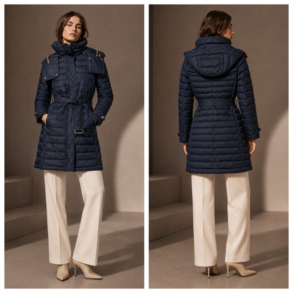 Burberry Brit Navy Quilted Goose Down Hooded Belted Coat XS